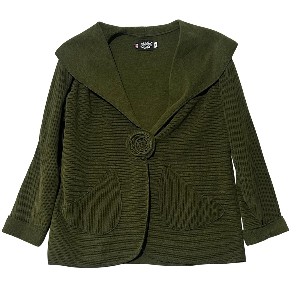 Cameleon Womens Olive Green Fleece Jacket Rosette Button Shawl Collar USA Made M
